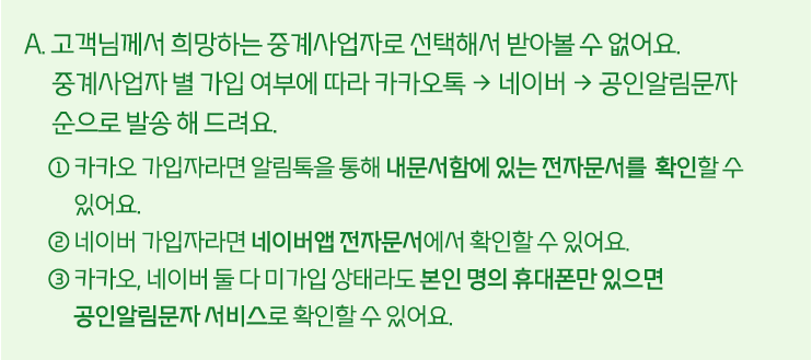 A.  고객님께서 희망하는 중계사업자로 선택해서 받아볼 수 없어요.
									중계사업자 별 가입 여부에 따라 네이버 -> 카카오 -> 공인알림문자순으로 발송 해 드려요